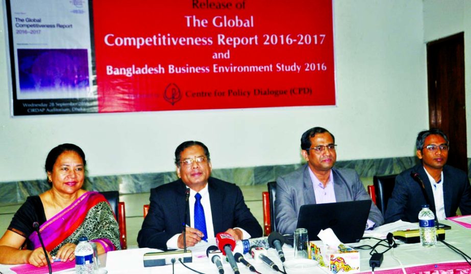 CPD Executive Director Dr. Moshtafizur Rahman speaking at a function on 'The Global Competitiveness Report 2016-17 and Bangladesh Business Environment Study-2016' at CIRDAP auditorium in the city yesterday.