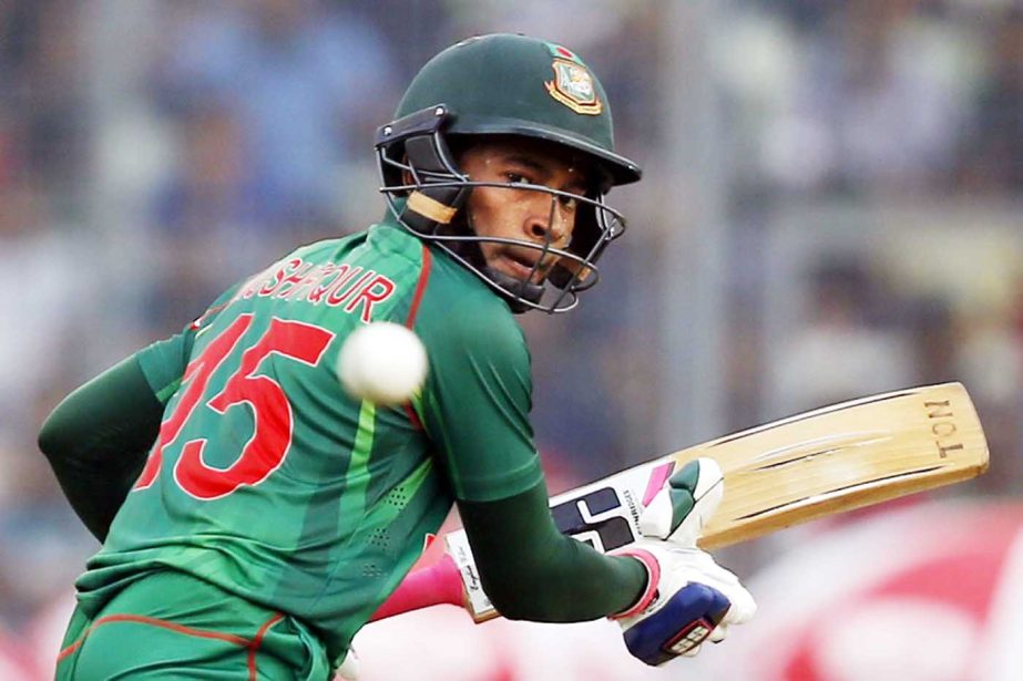 Mushfiqur Rahim plays a shot during the second one-day international cricket match against Afghanistan at the Mirpur Sher-e-Bangla National Cricket Stadium on Wednesday.