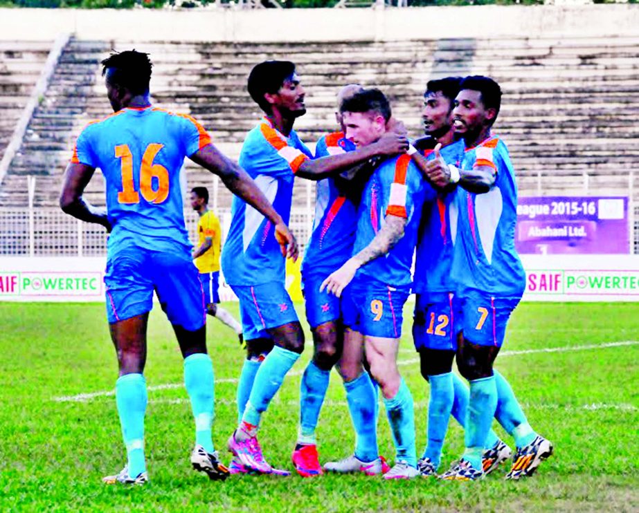 Players of Dhaka Abahani Limited celebrating after scoring a goal against Sheikh Jamal Dhanmondi Club Limited in the match of the JB Group Bangladesh Premier League Football at Sylhet District Stadium on Thursday.