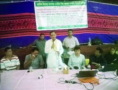 BHANGURA (Pabna): M Saidul Haque Chunnu, Administrator, Zilla Parishad Pabna speaking at a training on implementation and ensuring sustainability of moral and quality education programme of Hossain Ali Auditorium in Bhangura Upazila organised by the UNO o