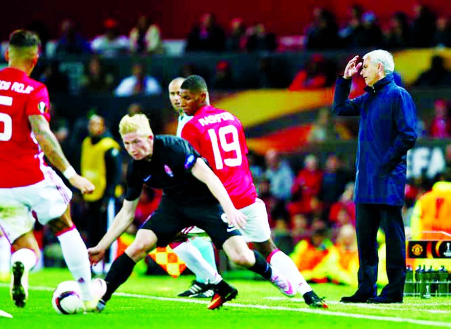 Manchester Unitedâ€™s manager JosÃ© Mourinho (right) reacts as he watches his team from the sidelines during the Europa League group A soccer match between Manchester United and Zorya Luhansk at Old Trafford, Manchester, England on Thursday.