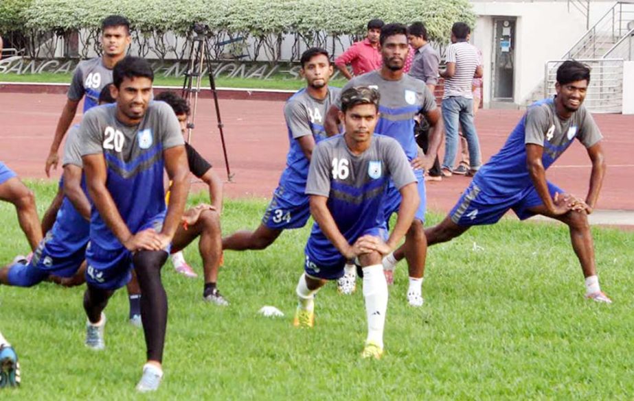 Members of Bangladesh National Football team during their practice session at the Bangabandhu National Stadium on Saturday.