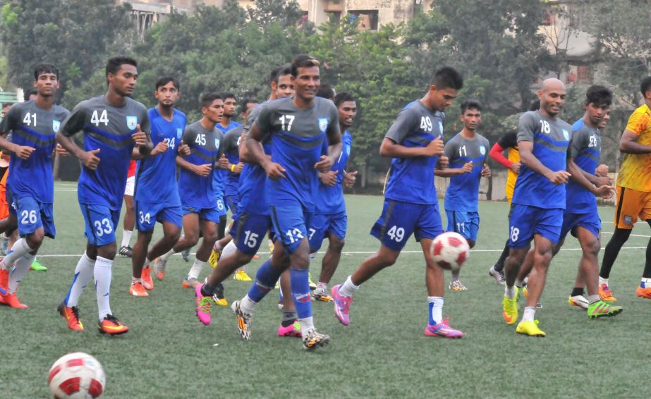 Members of Bangladesh National Football team during their practice session at the Bir Shreshth Shaheed Sepoy Mohammad Mostafa Kamal Stadium in Kamalapur on Sunday.