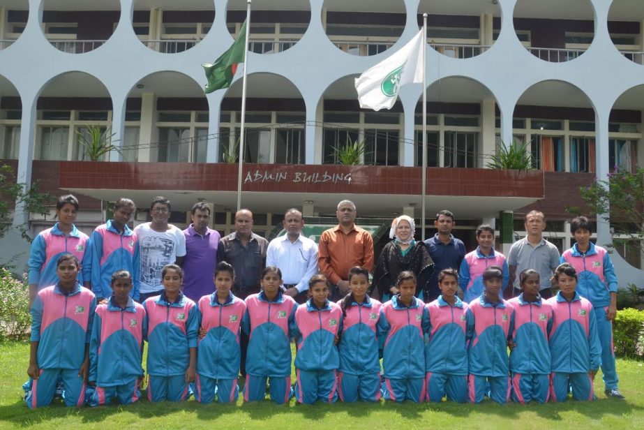 Members of BKSP Girls' Football team pose for a photo session recently before leaving for India to take part in the Subrata Cup, which is going on at the Dr Ambedkar Stadium in Delhi.