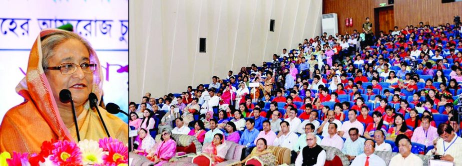 Prime Minister Sheikh Hasina speaking in observance of World Child Day and Child Rights Week-2016 in the auditorium of Bangladesh Shishu Academy in the city on Monday.