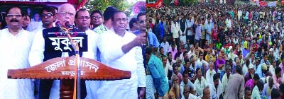 JOYPURHAT: Minister for Health and Family Welfare Mohammad Nasim MP addressing a meeting against militancy and terrorism at Dr Abul Kashem Field in Joypurhat on Sunday.