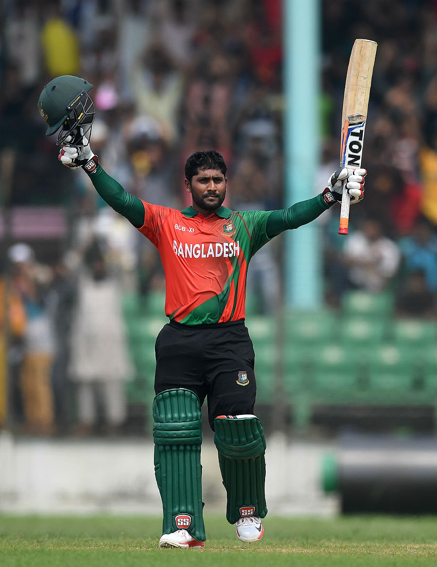 Imrul Kayes celebrates his century during the practice One Day match between BCB Select XI and England XI at the Khan Shaheb Osman Ali Stadium in Fatullah on Tuesday.