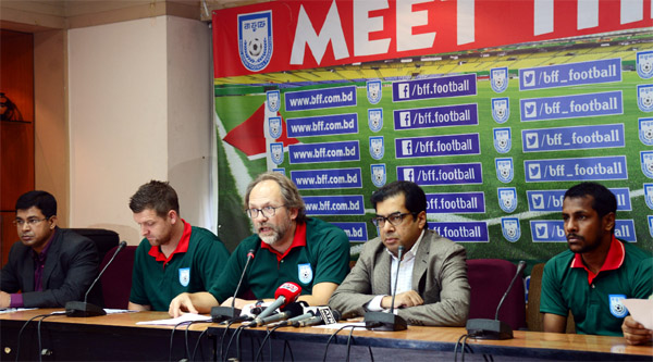 Head Coach of Bangladesh National Football team Tom Saintfiet addressing a press conference at the conference room of Bangladesh Football Federation House on Wednesday.