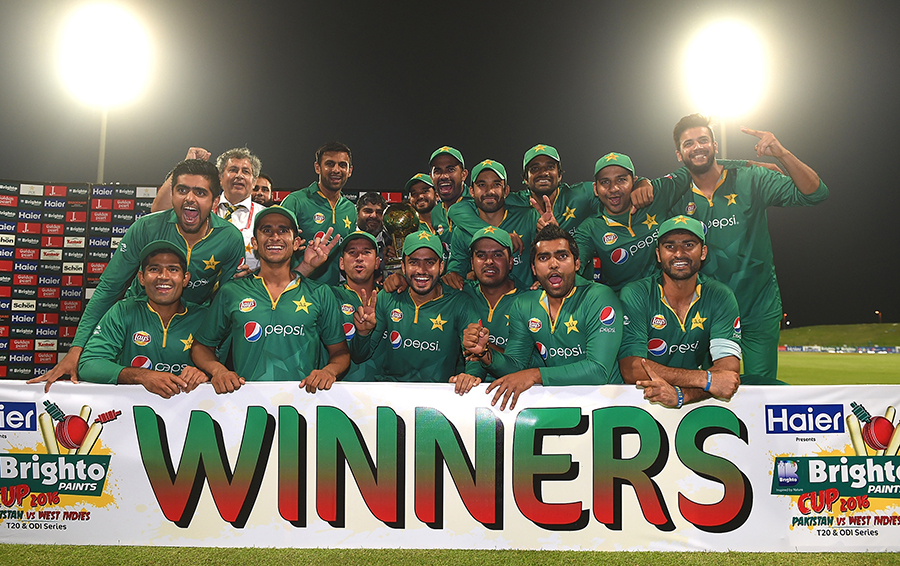 The victorious Pakistan team poses with the trophy after sweeping the ODI series against West Indies at Abu Dhabi on Thursday.
