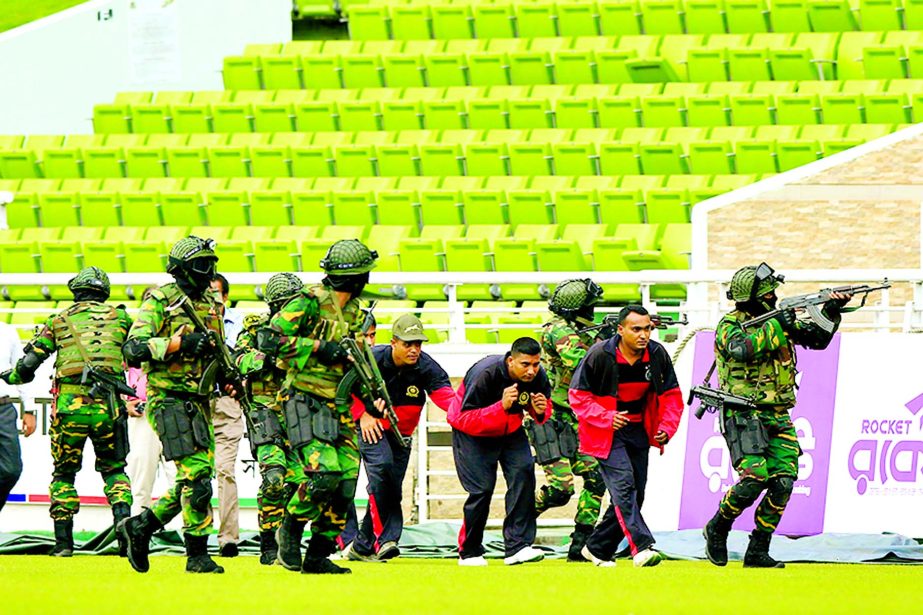 Para Commando Battalion, the Army Aviation Wing, the Bangladesh Air Force and other security agencies staged a joint security drill at the Sher-e-Bangla National Cricket Stadium in city's Mirpur on Thursday ahead of the ODI series between Bangladesh and