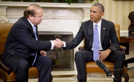 US President Barack Obama shaking hands with Pakistan Prime Minister Nawaz Sharif at Washington.