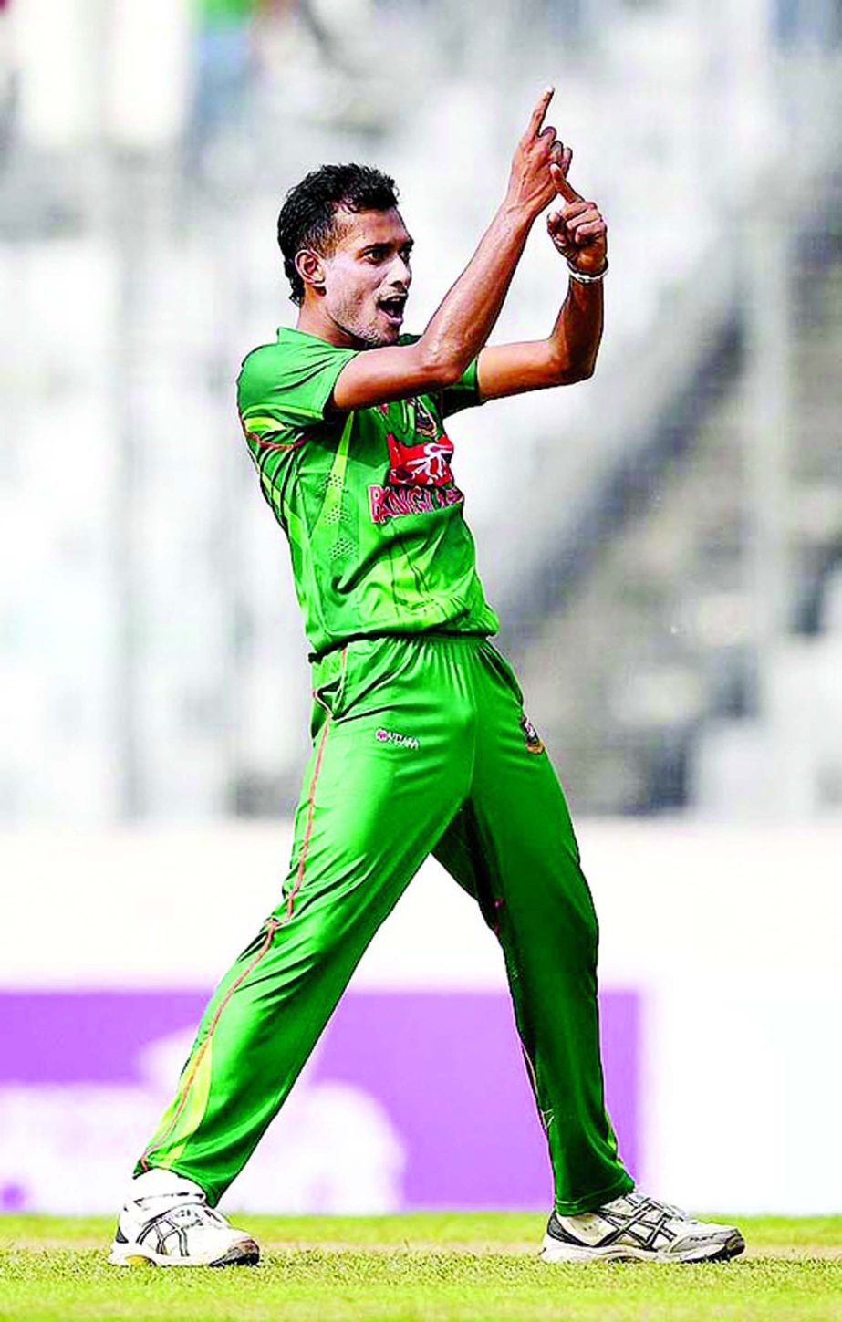 Shafiul Islam celebrates the wicket of James Vince during the 1st ODI between Bangladesh and England at Sher-e-Bangla National Cricket Stadium in Mirpur on Friday.