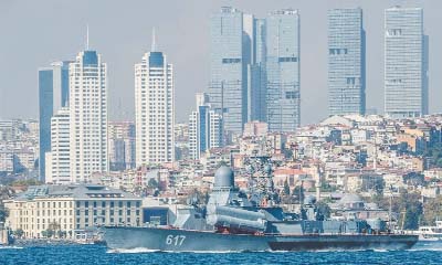 Istanbul : Russian warship â€˜Mirozhâ€™ passes the bosphorus on its way to Syria on Friday.