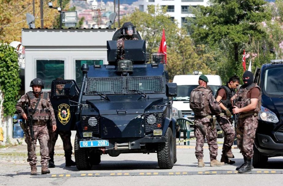 Police special forces patrol a street in Ankara, the Turkish capital.