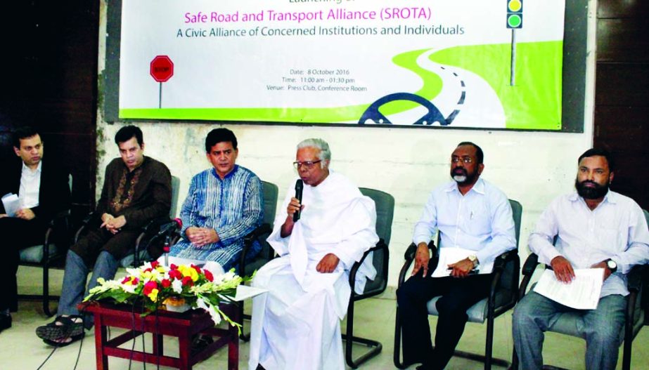 Eminent columnist Syed Abul Muksud speaking at a programme on providing training to drivers organised by Safe Road and Transport Alliance at the Jatiya Press Club yesterday. Adviser to the caretaker government Hussain Zillur Rahman was also present on t