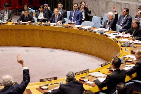 Russia Ambassador Vitaly Churkin is joined by Venezuelan Ambassador Rafael Ramirez as Russia vetoes a French-Spanish resolution on Syria at the UN headquarters on Saturday..