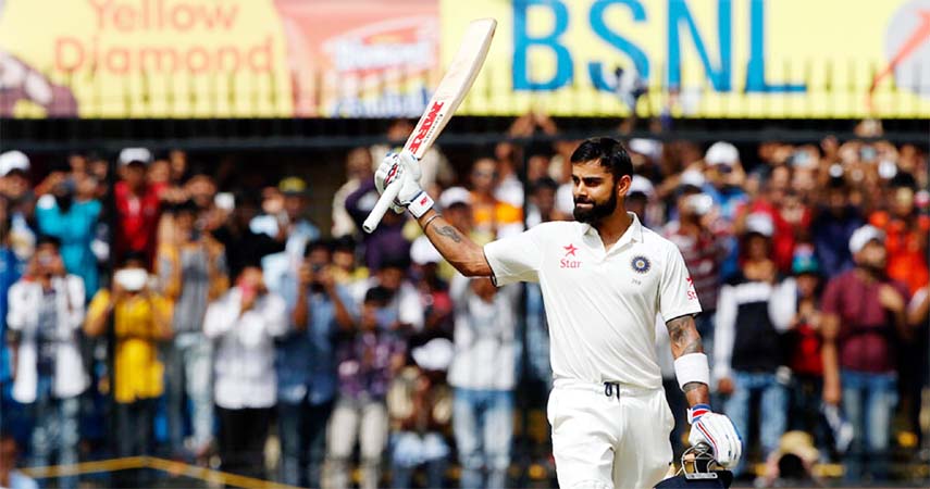 Virat Kohli acknowledges the applause on getting to his second double-hundred on the 2nd day of 3rd Test between India and New Zealand at Indore on Sunday.