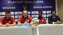 Head Coach of Bangladesh National Football team Tom Saintfiet speaking at a press conference at the Ariya Hotel in Thimpu of Bhutan on Sunday. Photo Moin Ahamed