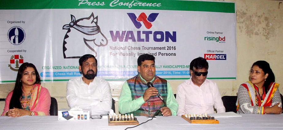 Additional Director of Walton FM Iqbal Bin Anowar Dawn addressing a press conference at the conference room of Chess Federation in the city on Monday.