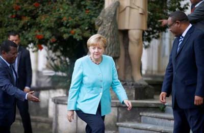 German Chancellor Angela Merkel arrives at the National Palace in Ethiopia's capital Addis Ababa on Tuesday.