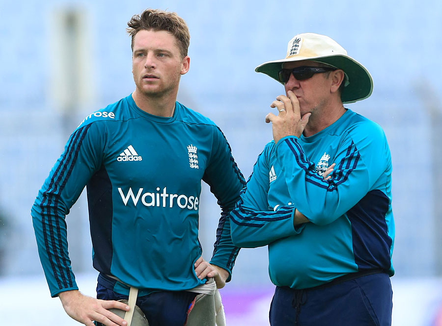 Buttler and Trevor Bayliss chat during training at Chittagong on Tuesday.