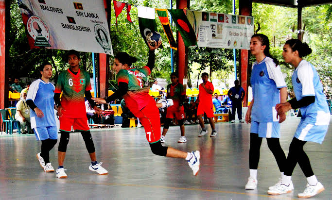 A moment of the match of the Women's Division of the International Handball Federation (IHF) Trophy between Bangladesh Women's Handball team and Afghanistan Women's Handball team at the Shaheed (Captain) M Mansur Ali National Handball Stadium on Tuesda