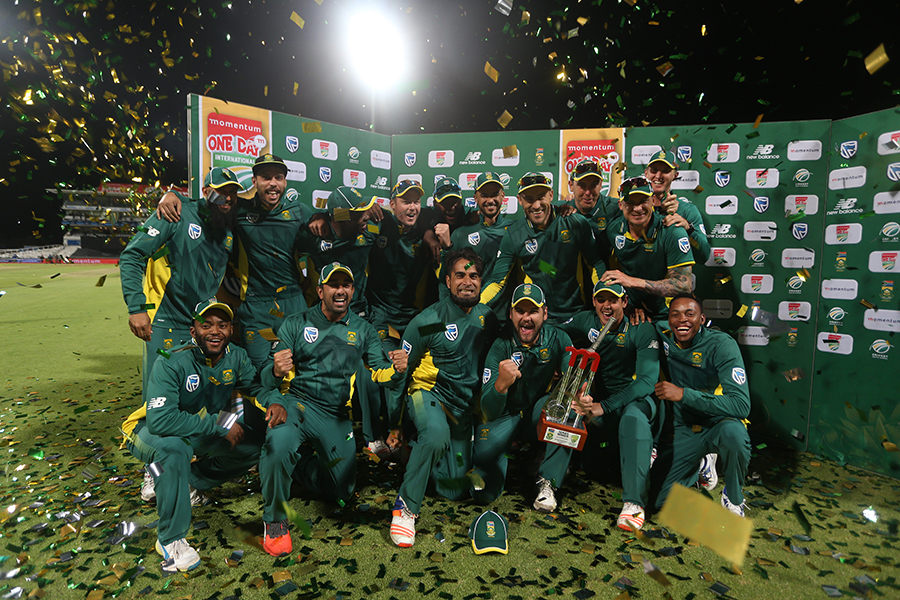 An ecstatic South Africa pose with the trophy after beating Australia in the 5th ODI at Cape Town on Wednesday. South Africa won the series 5-0.