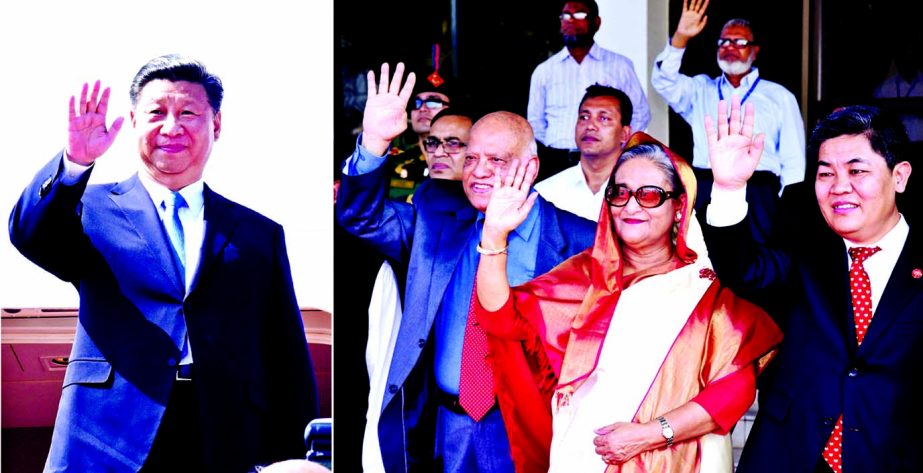 Prime Minister Sheikh Hasina sees off Chinese President Xi Jinping at Hazrat Shahjalal International Airport in the city on Saturday by waving hand. BSS photo