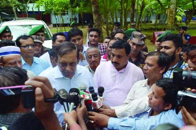 FENI: Home Minister Asaduzzaman Khan Kamal MP talking to journalists during his visit in Mohurir Char in Pashuram Upazila on Thursday. .