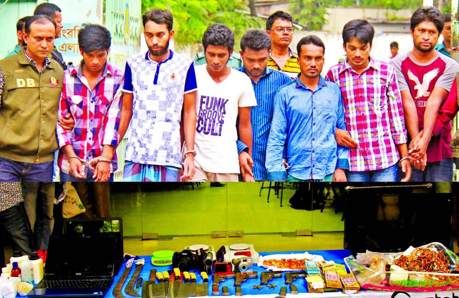 A special squad of DB Police arrested seven suspected members of Jama'atul Mujahideen Bangladesh (JMB) from the city's Tejgaon area on Tuesday and recovered gold ornaments, weighing 67 tolas, cash Tk 6 lakh and firearms from their possession.