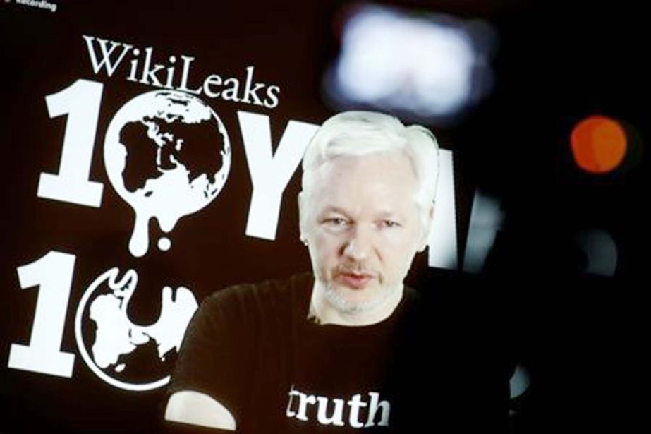 Julian Assange, Founder and Editor-in-Chief of WikiLeaks speaks via video link during a press conference on the occasion of the ten year anniversary celebration of WikiLeaks in Berlin, Germany.