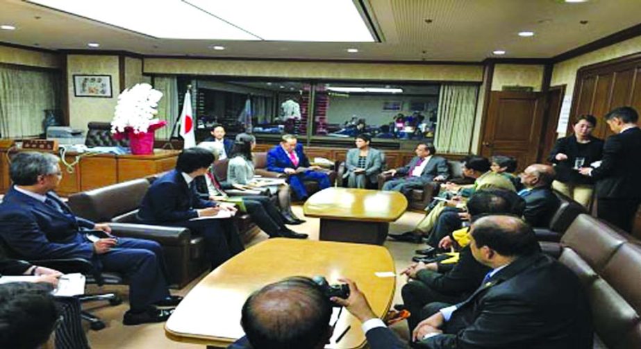 Anisul Huq, Law Minister is seen in a meeting with Shinichi Kitaoka, President of Japan International Cooperation Agency (JICA) at its headquarters in Tokyo on Monday. Legislative and Parliament Affairs Division Secretary Mohammad Shahidul Haque, Law and