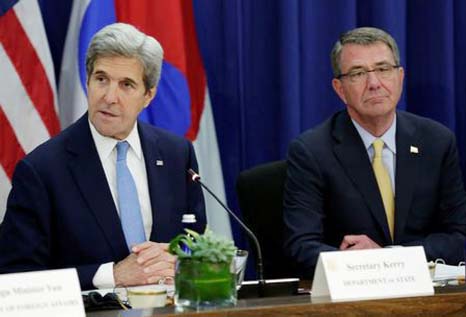 US Secretary of State John Kerry (L) and Defense Secretary Ash Carter hold a 2+2 ministerial meeting with their counterparts from South Korea at the State Department in Washington.