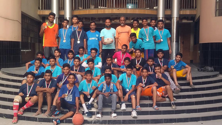 The participants of the Rugby & Basketball Festival of Saint Gregory's High School & College pose for photo at the school premises on Saturday.