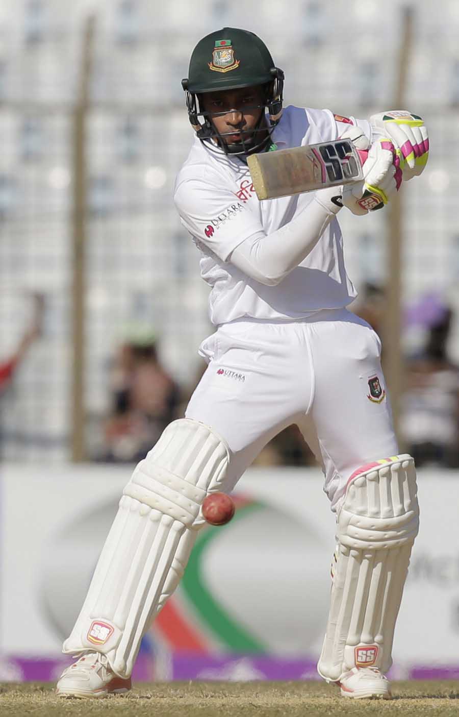 Mushfiqur Rahim pulls through midwicket on the 4th day of 1st Test between Bangladesh and England at Zahur Ahmed Chowdhury Stadium in Chittagong on Sunday.