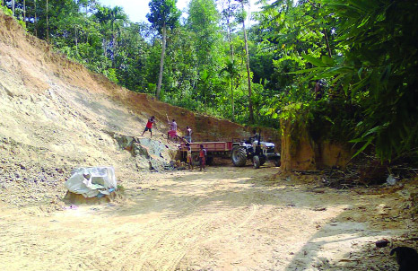 MOULVIBAZAR: Influentials illegally cutting hills at Borolekha Upazila violating law. This snap was taken on Sunday.