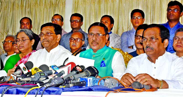 Newly elected General Secretary of Bangladesh Awami League Obaidul Quader speaking at a press conference in the city's Priyanka Community Center on Monday.