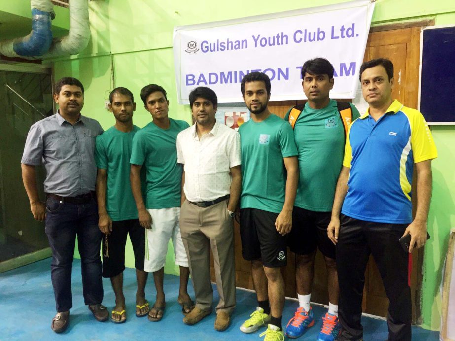 The members of Gulshan Youth Club Badminton team, which moved into the second round of the Rockland Summer Open (Ranking) Badminton Tournament at the Shaheed Tajuddin Ahmed Indoor Stadium on Tuesday.