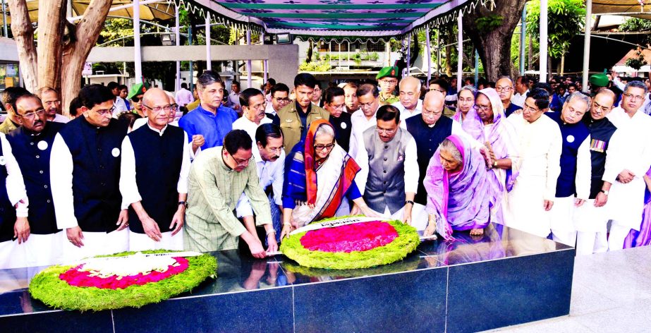Prime Minister Sheikh Hasina alongwith newly elected party leaders placing wreaths on the portrait of Father of the Nation Bangabandhu Sheikh Mujibur Rahman at Bangabandhu Museum in city's Dhanmondi on Tuesday.