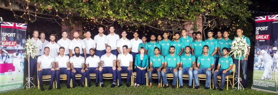British High Commissioner Alison Blake pose for photo with England and Bangladesh cricket teams to her residence on Tuesday.