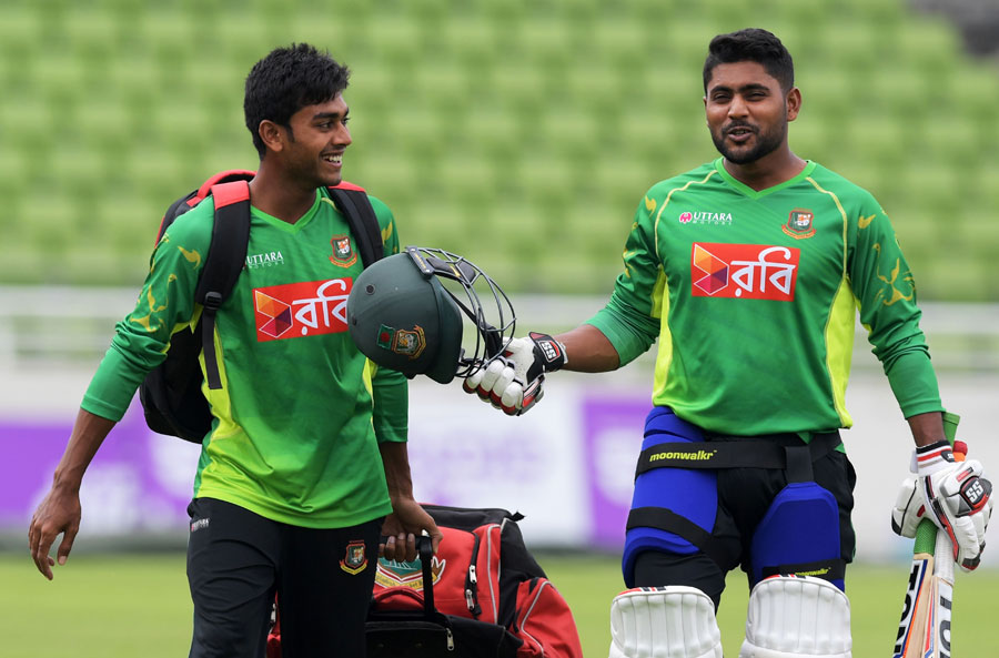 Mehedi Hasan (left) and Imrul Kayes chat during their net session at Sher-e-Bangla National Cricket Stadium at Mirpur on Thursday.