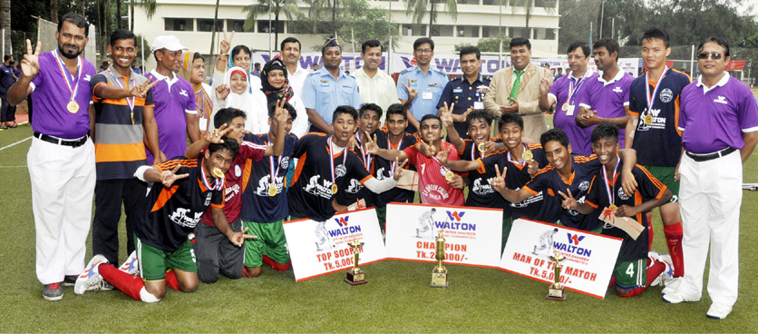 BAF Shaheen College Dhaka, the champions of the Walton 2nd Inter-Shaheen Hockey Tournament with the chief guest Commander of Bangladesh Air Force (BAF) Base Bashar Air Vice Marshall Md Abul Bashar and the other guests pose for a photo session at the BAF S