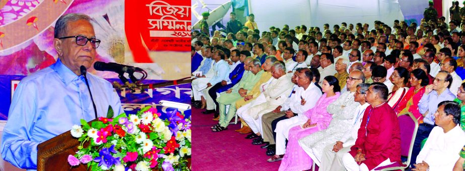 President Md. Abdul Hamid addressing the Bijoya Sammilon programme at the Sree Sree Dhakeshwary National Temple on Friday.