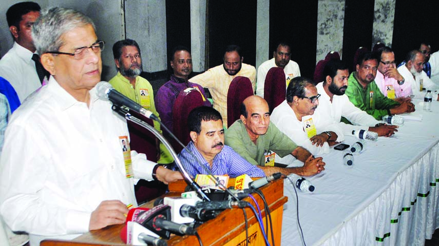 BNP Secretary General Mirza Fakhrul Islam Alamgir speaking at a discussion on 'Politics of Vindictive: Future of Democracy' organised on the occasion of founding anniversary of Labour Party in the auditorium of Kachikachar Mela in the city on Saturday.