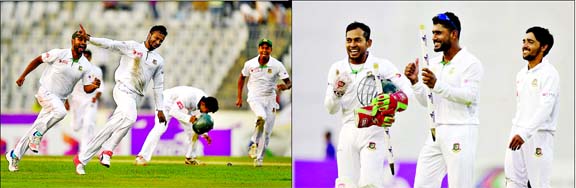 Bangladesh's cricketers celebrate a famous victory over England on the 3rd day of 2nd Test at the Sher-e-Bangla National Cricket Stadium in Mirpur on Sunday.