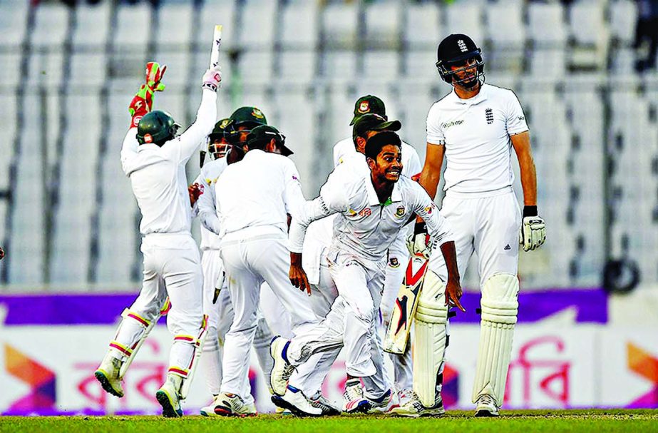 Mehedi Hasan Miraz wrapped up Bangladesh's maiden Test win against England with the wicket of Steven Finn on the 3rd day of 2nd Test at the Sher-e-Bangla National Cricket Stadium in Mirpur on Sunday.