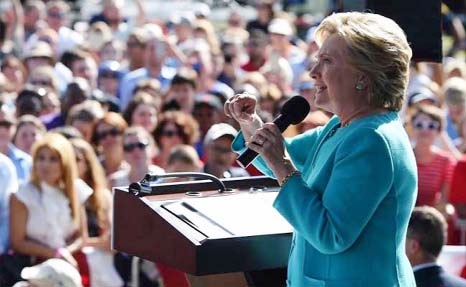 US Democratic presidential nominee Hillary Clinton speaks during a campaign rally at the Manor Complex in Wilton Manors, Florida, US on Sunday..