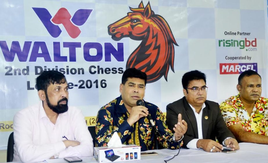 Additional Director of Walton Iqbal Bin Anowar Dawn addressing a press conference at the Bangladesh Chess Federation hall-room on Monday.