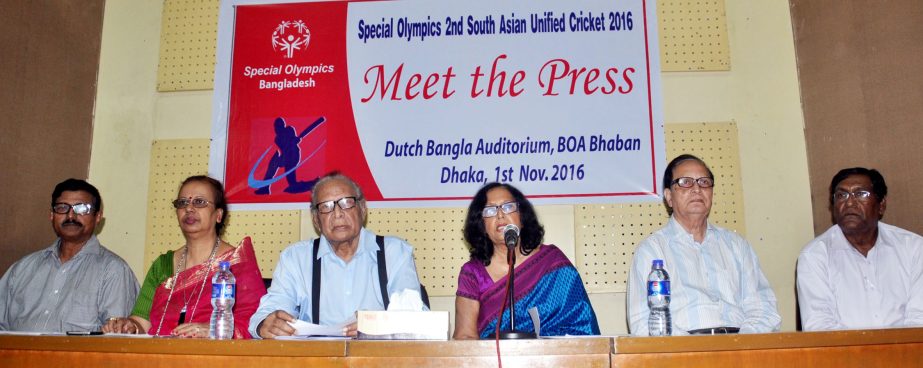 Chairman of the Special Olympics Bangladesh Dr Shamim Matin Chowdhury speaking at a press conference at the Dutch-Bangla Bank Auditorium in Bangladesh Olympic Association Bhaban on Tuesday.