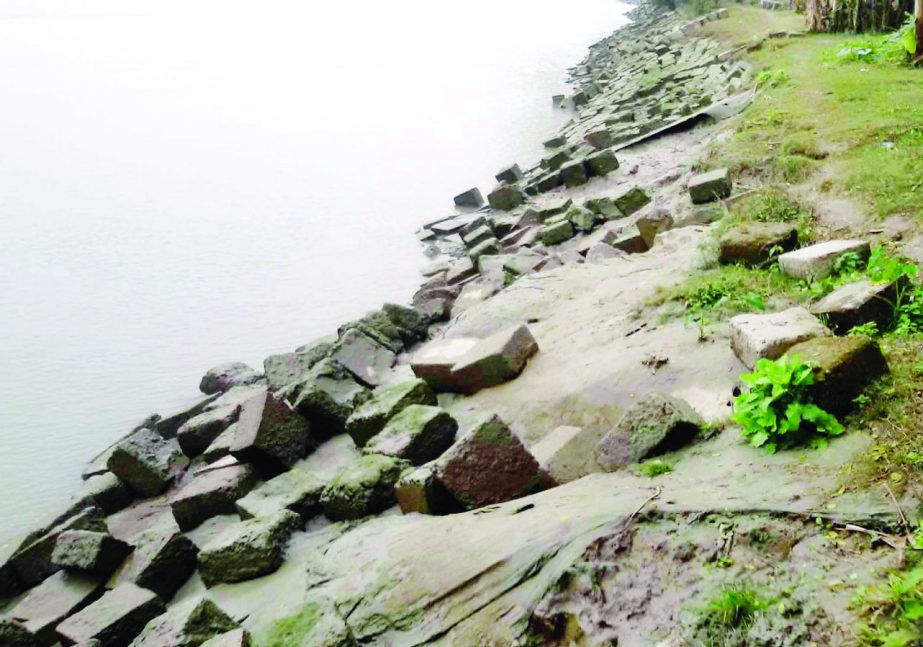 BETAGI (Barguna): PWD protection dam on Bishkhali River at North Betagi village in the Upazila may collapse anytime due to shortage of blocks. This picture was taken on Tuesday.